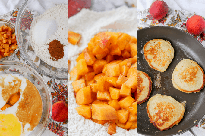 Process of making Cinnamon Peach Pancakes.