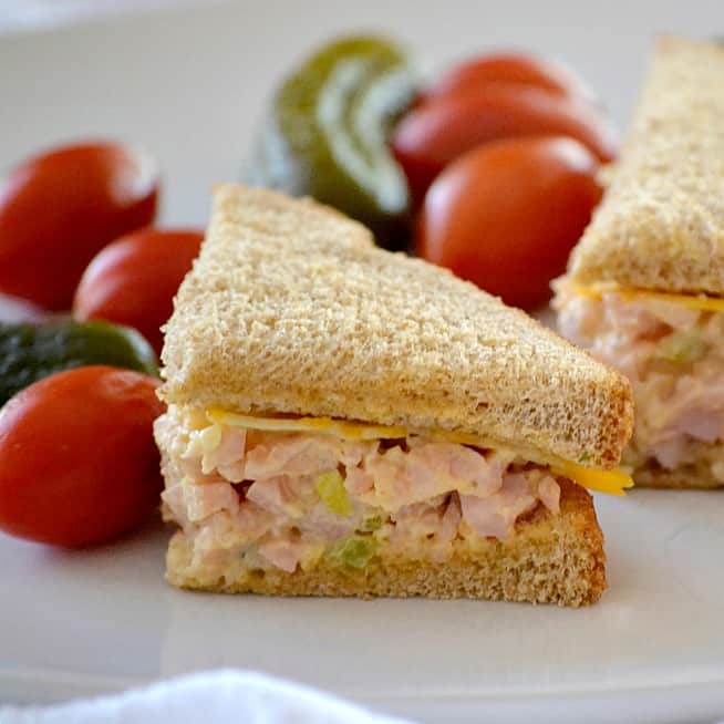 This Ham Salad with chopped ham, mayo, mustard, pickle relish and a touch or Sriracha will make this sandwich fixing a new back-to-school favorite.