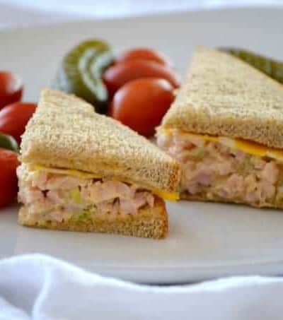 This Easy Ham Salad with chopped ham, mayo, mustard, pickle relish and a touch or Sriracha will make this sandwich fixing a new back-to-school favorite.