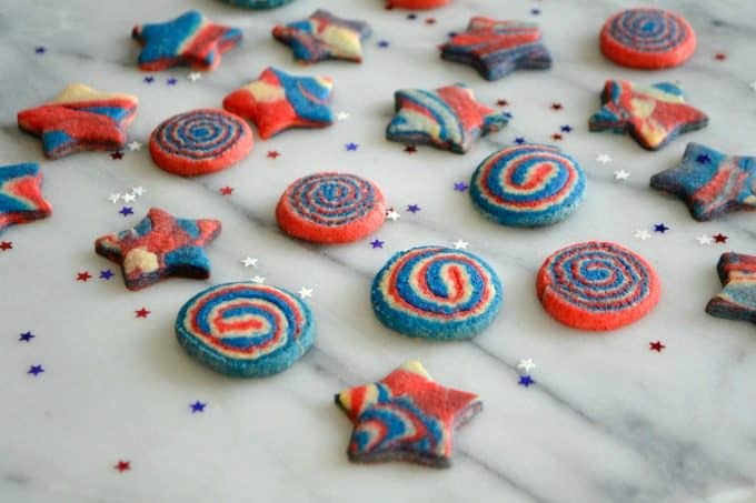 These Patriotic Pinwheel and Star Cookies are made from one sugar cookie dough with three colors to make your Patriotic celebration colorful and festive! 