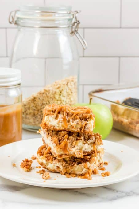 A stack of Caramel Apple Cheesecake Bars