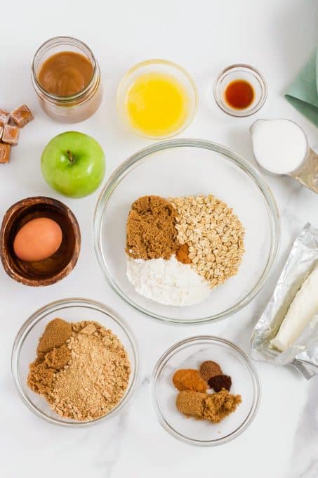 Ingredients for Caramel Apple Cheesecake Bars.