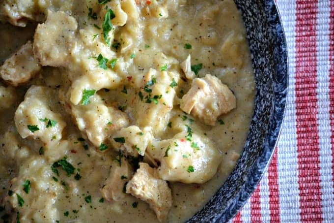 Chicken 'N' Dumplins - diced chicken in a flavorful broth topped with mounds of buttermilk dumplins.Â This is southern cooking comfort food at its' finest.