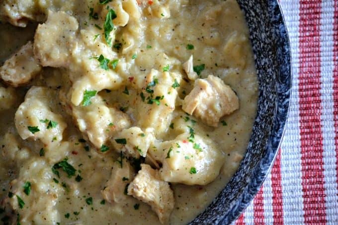 Chicken 'N' Dumplins - diced chicken in a flavorful broth topped with mounds of buttermilk dumplins. This is southern cooking comfort food at its' finest.