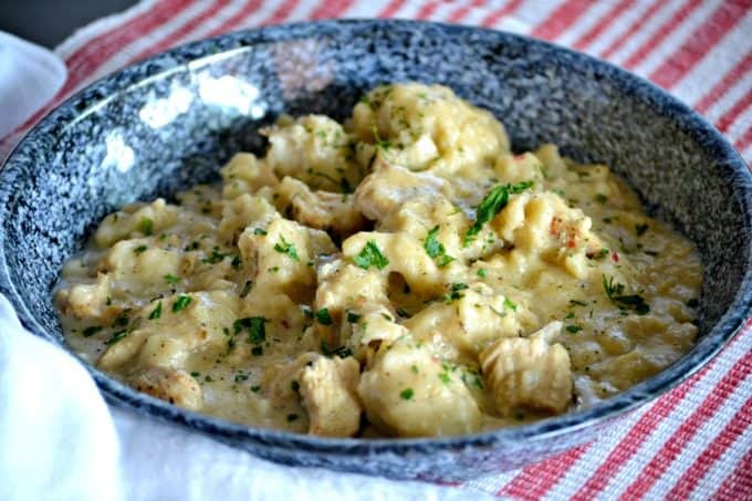 Chicken 'N' Dumplins - diced chicken in a flavorful broth topped with mounds of buttermilk dumplins. This is southern cooking comfort food at its' finest.