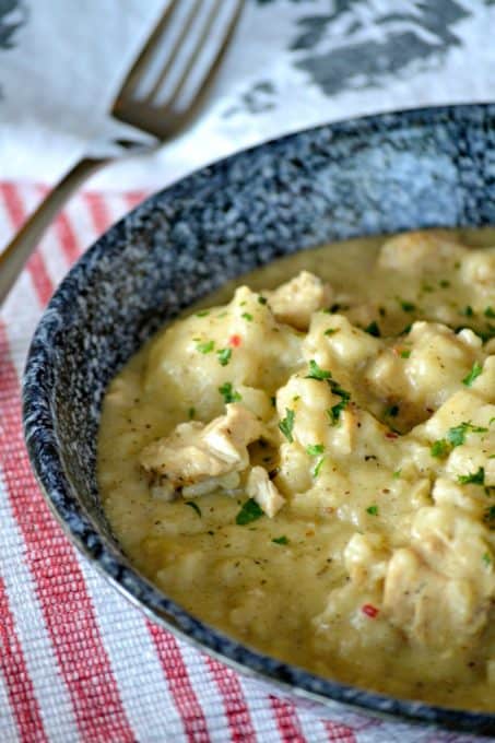 Chicken 'N' Dumplins - diced chicken in a flavorful broth topped with mounds of buttermilk dumplins. This is southern cooking comfort food at its' finest.