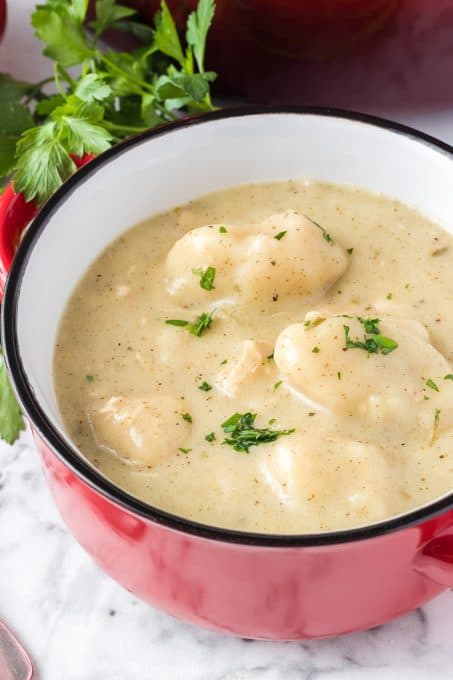 A bowl of dumplings made from scratch in a thick chicken soup.