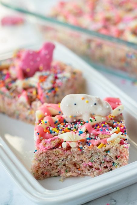 Crispy cereal treats with sprinkles and circus cookies.