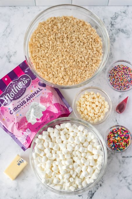 Ingredients for Circus Animal Cookie Rice Krispie Treats