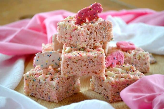 Circus Animal Cookie Rice Krispie Treats bring out your little kid with the crushed Circus Animal Cookies, colored nonpareils and drizzled chocolate.