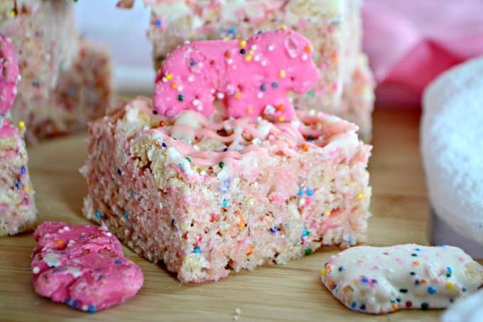 Circus Animal Cookie Rice Krispie Treats bring out your little kid with the crushed Circus Animal Cookies, colored nonpareils and drizzled chocolate.