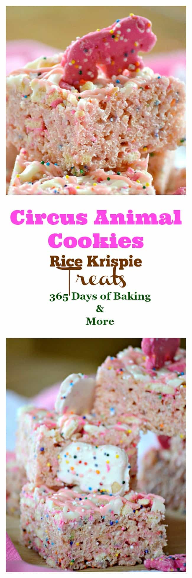 Circus Animal Cookie Rice Krispie Treats bring out your little kid with the crushed Circus Animal Cookies, colored nonpareils and drizzled chocolate.