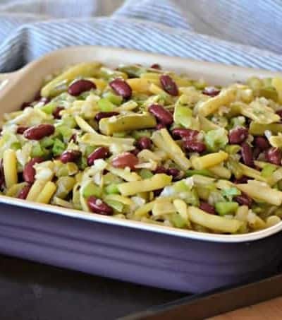 This Easy Three Bean Salad with green beans, wax beans and kidney beans marinated in a simple vinegar dressing is a great side dish with dinner for those hot summer nights.