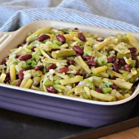 This Easy Three Bean Salad with green beans, wax beans and kidney beans marinated in a simple vinegar dressing is a great side dish with dinner for those hot summer nights.