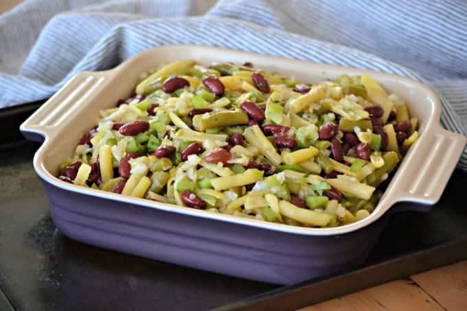 This Easy Three Bean Salad with green beans, wax beans and kidney beans marinated in a simple vinegar dressing is a great side dish with dinner for those hot summer nights.