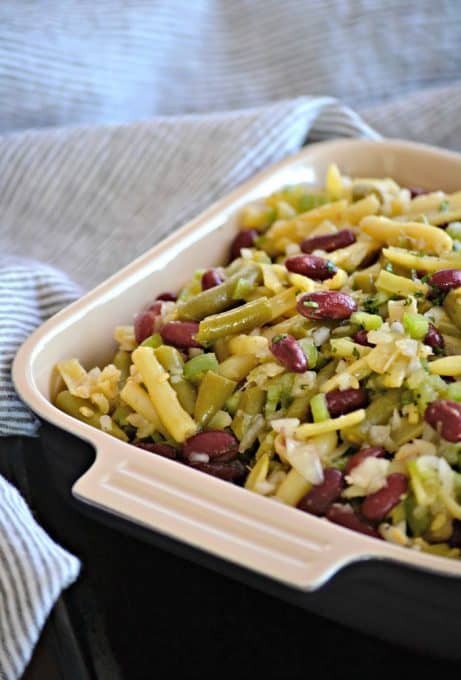 This Easy Three Bean Salad with green beans, wax beans and kidney beans marinated in a simple vinegar dressing is a great side dish with dinner for those hot summer nights.