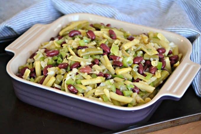 This Easy Three Bean Salad with green beans, wax beans and kidney beans marinated in a simple vinegar dressing is a great side dish with dinner for those hot summer nights.