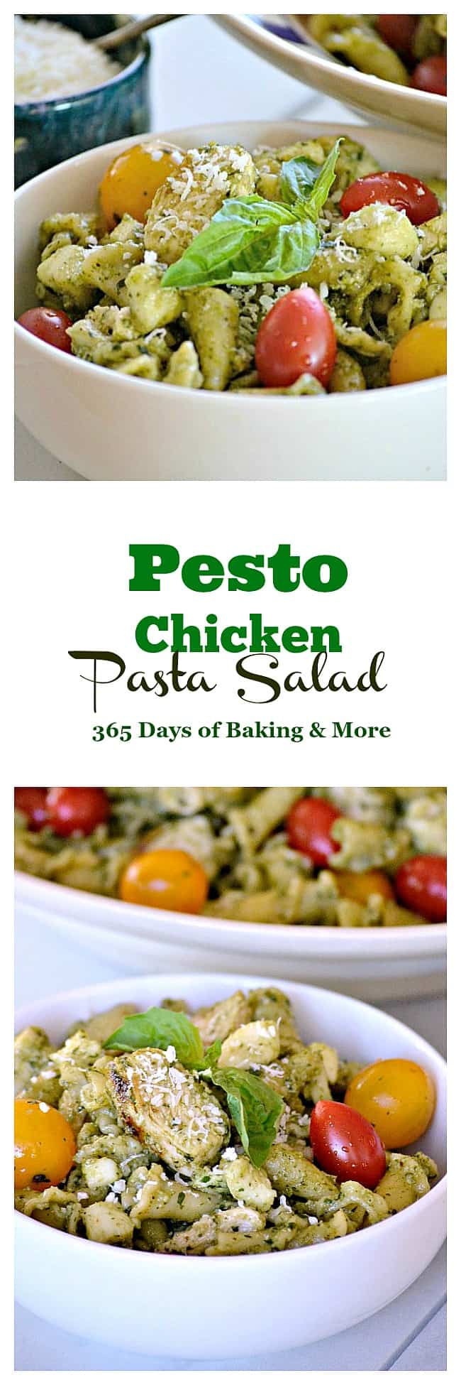 This Pesto Chicken Pasta Salad is pasta, diced chicken, tomatoes and diced mozzarella tossed in an easy pesto. It can also be a side without the chicken!