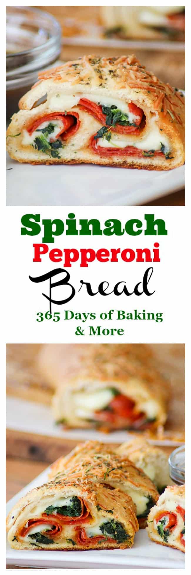This Spinach Pepperoni Bread is pizza dough filled with spinach, pepperoni, and provolone. It makes a great weeknight dinner, is the perfect finger food for Game Day and is a recipe you'll be asked to bring again to that next potluck!