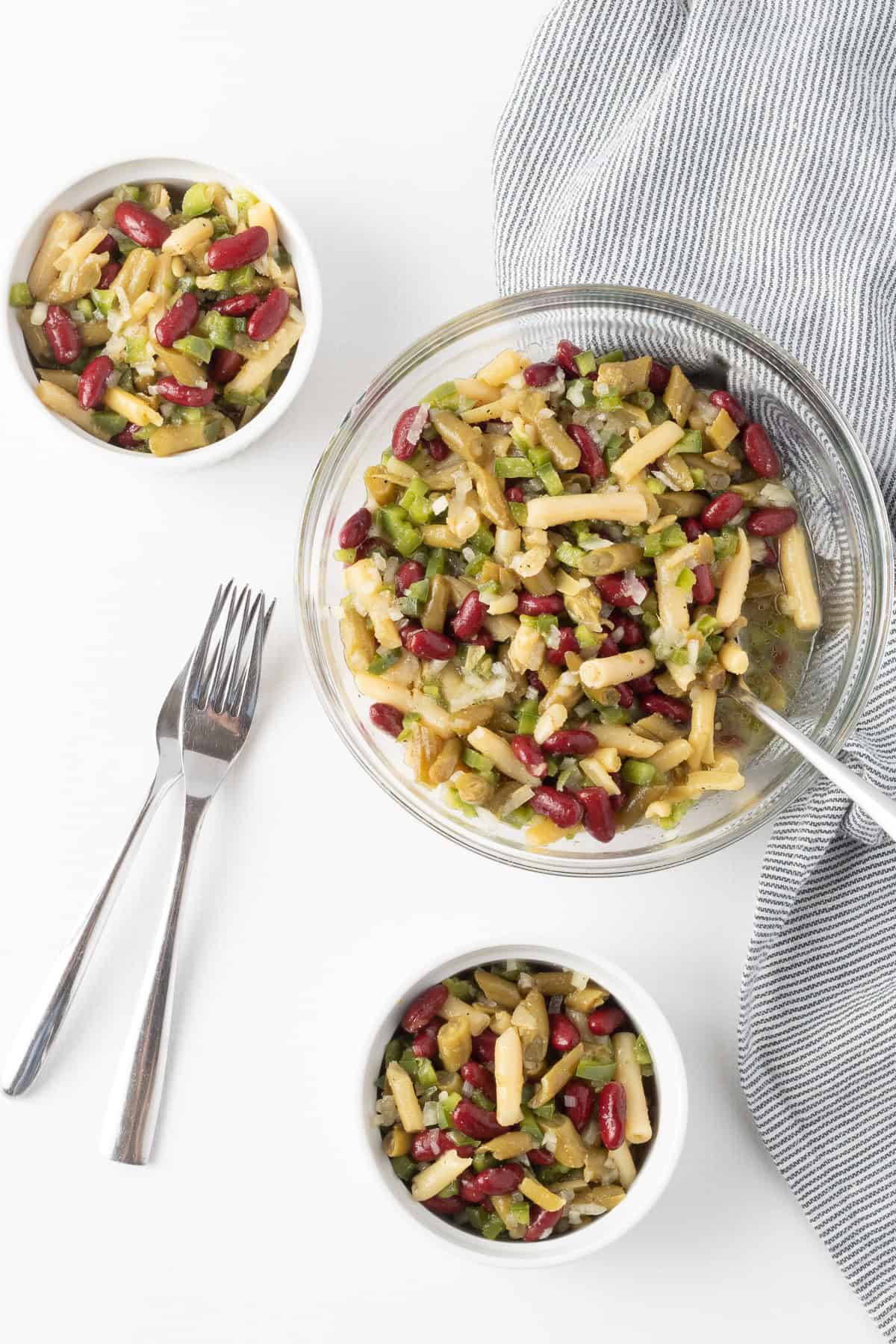 A cold salad made of green beans, yellow wax beans, and red kidney beans.