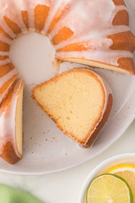 Slice of bundt cake made with 7UP.