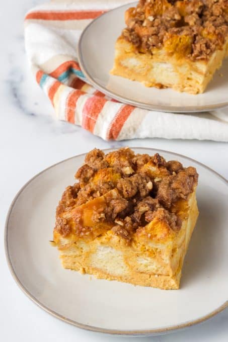 A slice of Pumpkin Spice Baked French Toast.