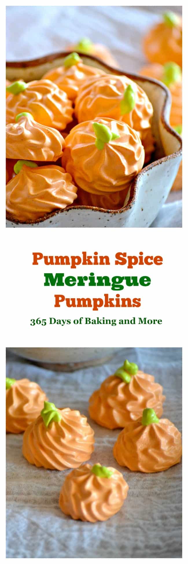 Pumpkin Spice Meringue Pumpkins - flavored with the great taste of Fall, this colorful treat will please both kids and adults. They’ll be the perfect addition to your Halloween or Thanksgiving dessert tables!