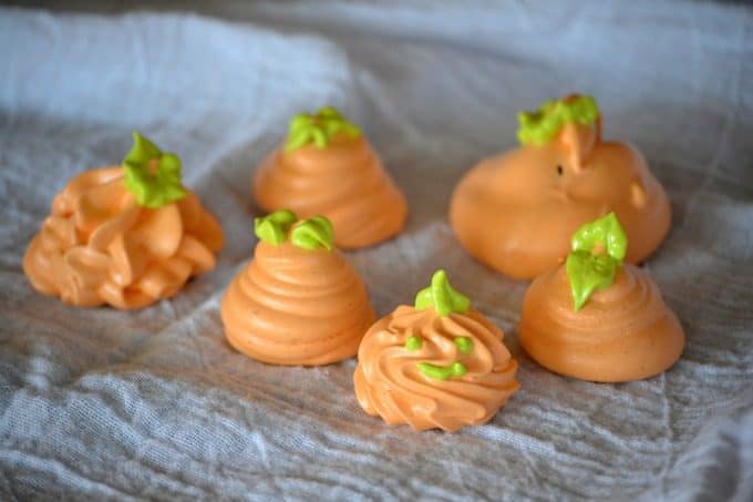 Pumpkin Spice Meringue Pumpkins - flavored with the great taste of Fall, this colorful treat will please both kids and adults. They’ll be the perfect addition to your Halloween or Thanksgiving dessert tables!