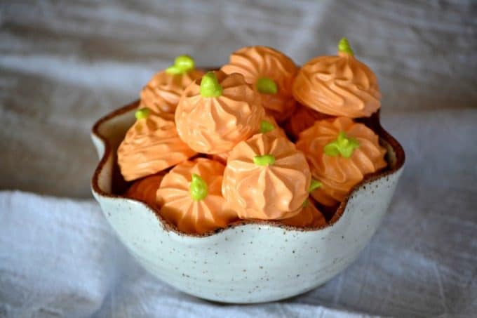 Pumpkin Spice Meringue Pumpkins - flavored with the great taste of Fall, this colorful treat will please both kids and adults. They’ll be the perfect addition to your Halloween or Thanksgiving dessert tables!