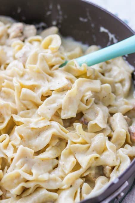 A skillet full of creamy noodles mixed with chicken.