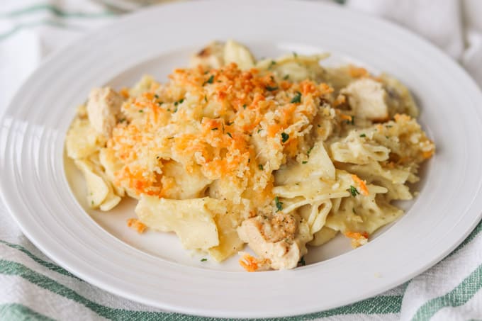 A plate of chicken, noodles and sauce.