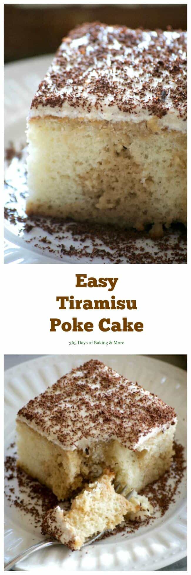 This Easy Tiramisu Poke Cake is a white cake mix drizzled with a sweetened coffee syrup, and topped with a whipped mascarpone vanilla frosting. It's a simple recipe to put together without the liqueur and uses Fair Trade ingredients.