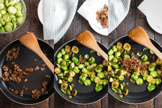 Process steps for cooking bacon, Brussels sprouts, and maple syrup.
