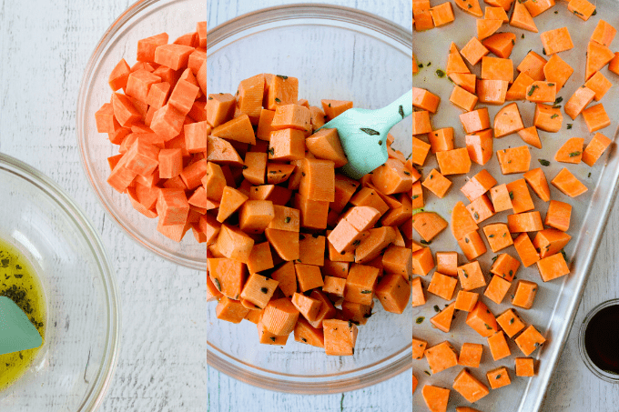 Process steps for maple syrup with roasted sweet potatoes.