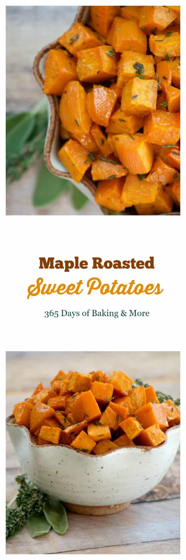 These Maple Roasted Sweet Potatoes are diced sweet potatoes tossed with olive oil, fresh sage and thyme, drizzled with pure maple syrup and roasted to perfection. They're the perfect side dish for your holiday table!