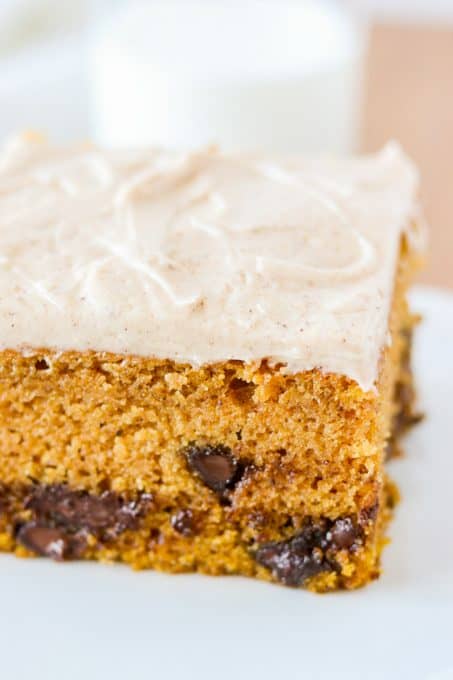 A slice of pumpkin and chocolate cake.