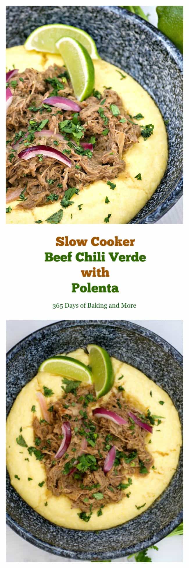 Slow Cooker Beef Chili Verde with Polenta are savory beef short ribs with salsa verde. Serve with polenta and you've got a super easy and delicious dinner.