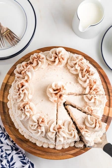 The top of a layer cake with cinnamon.