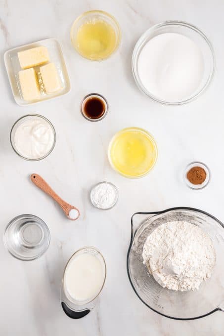 Ingredients to make the cake layers of a Cinnamon Roll Cake.