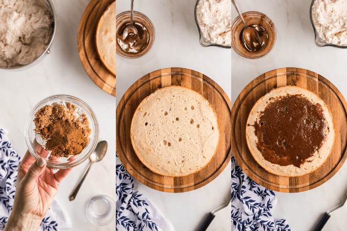 Process shots of cinnamon topping.