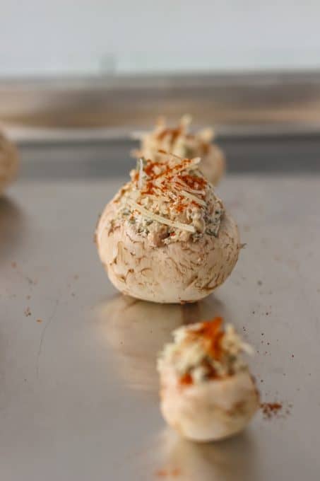 A stuffed mushroom ready for the oven.