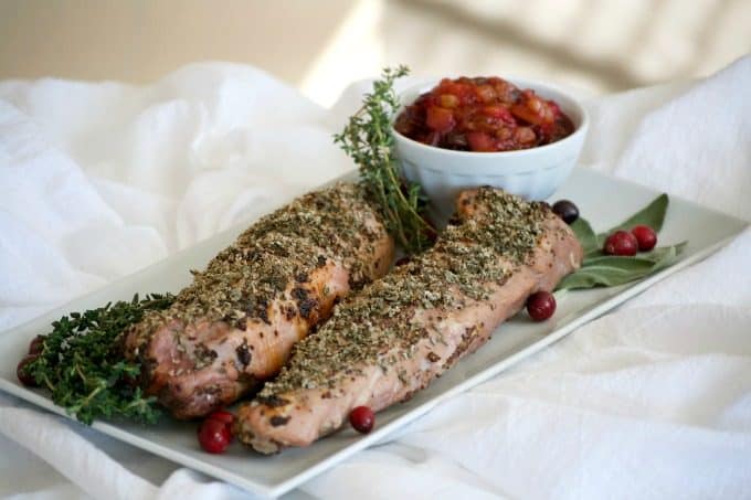 This Dijon Herb Roasted Pork with Cranberry Pear Chutney made with a Smithfield Prime Pork Tenderloin is an easy and delicious dinner perfectly suited for holiday entertaining!