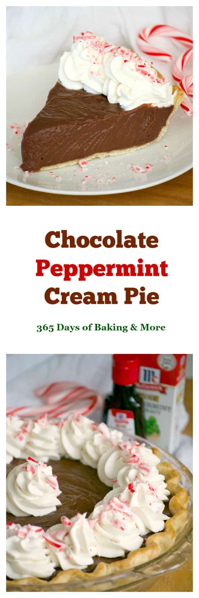 This Chocolate Peppermint Cream Pie is sure to be a big crowd pleaser during the holidays with its' smooth creamy chocolate filling and McCormick Pure Peppermint Extract. Santa might even choose this over cookies!