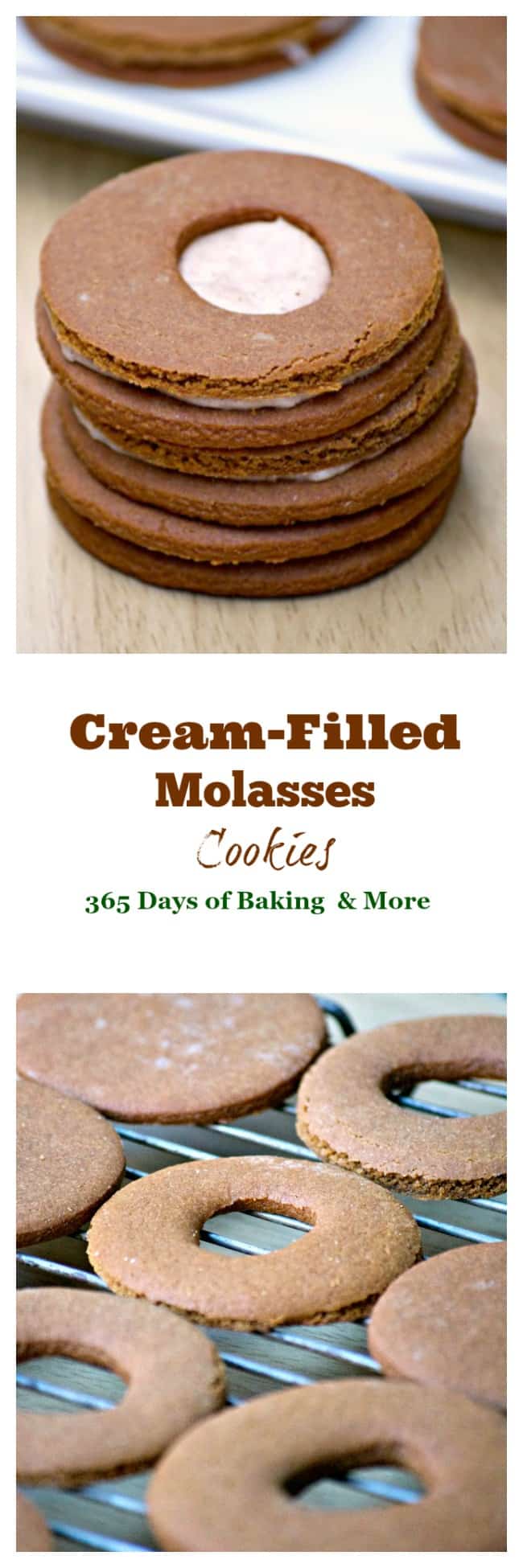 These Cream-Filled Molasses Cookies are a tasty gingerbread sandwich cookie with a cinnamon cream filling in the middle. They're great with a glass of milk!