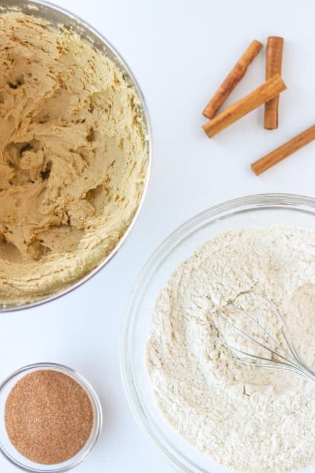 Mixing the wet and dry ingredients for Snickerdoodle cookies.