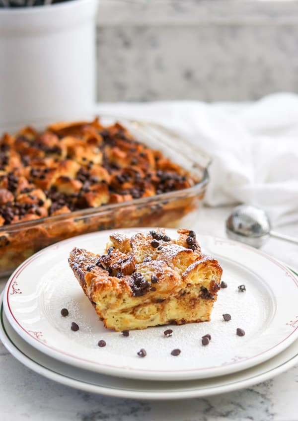 Chocolate Croissant Baked French Toast dusted with powdered sugar.