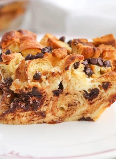 A slice of Chocolate Croissant Baked French Toast.
