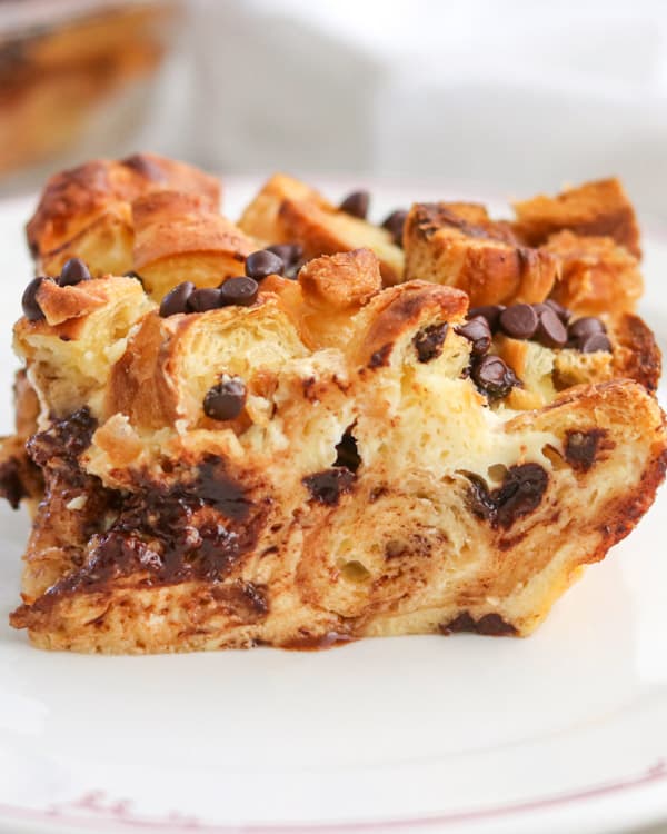 A slice of Chocolate Croissant Baked French Toast.