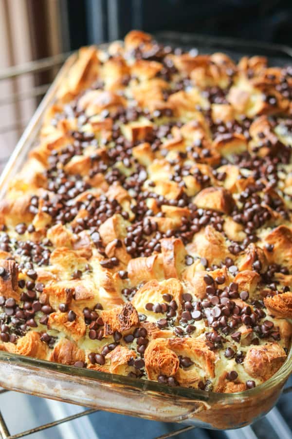 Chocolate Croissant Baked French Toast coming out of the oven.