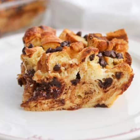 Chocolate Croissant Baked French Toast on a plate.